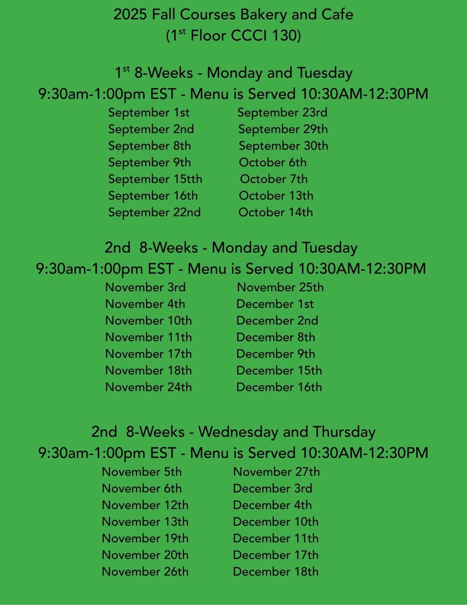 Courses Bakery and Cafe hours (fall 2025)