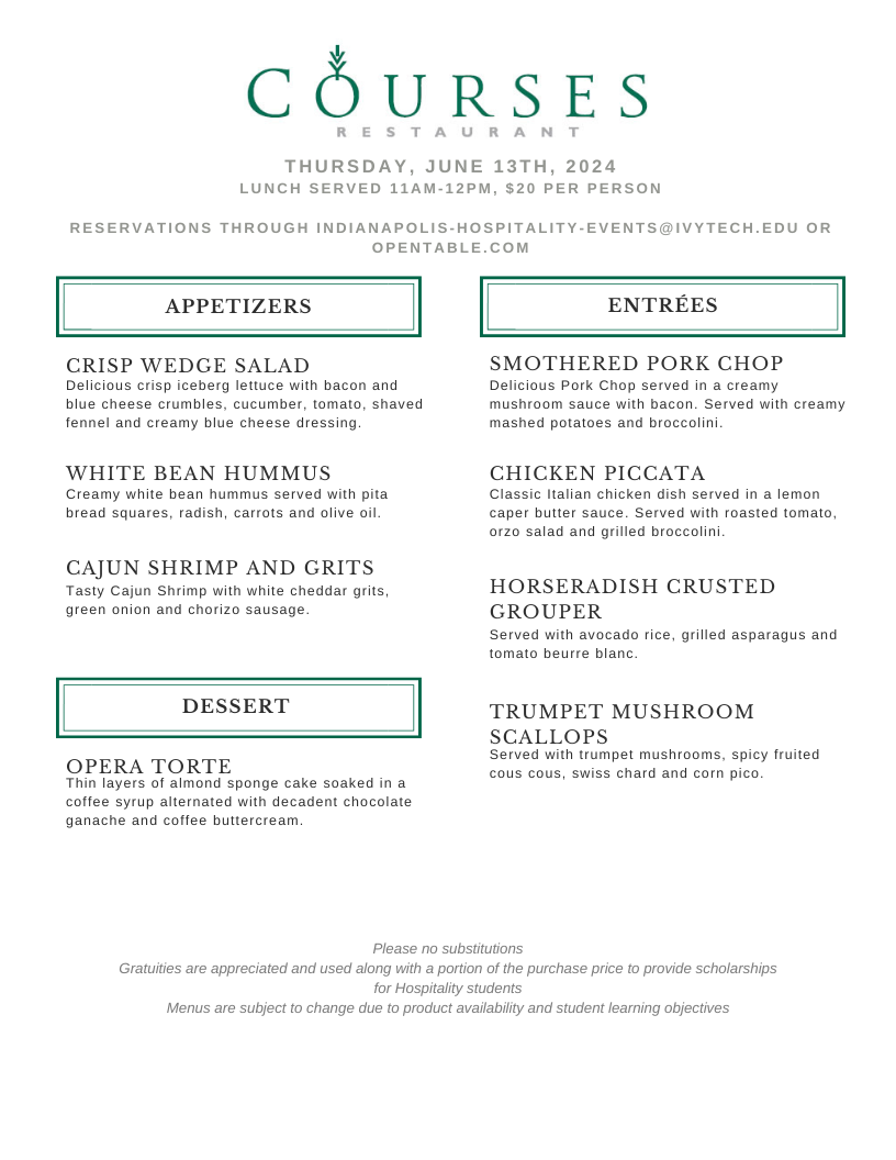 Ivy Tech Indianapolis Alumni Chef Summer Lunch Series - June 13 menu